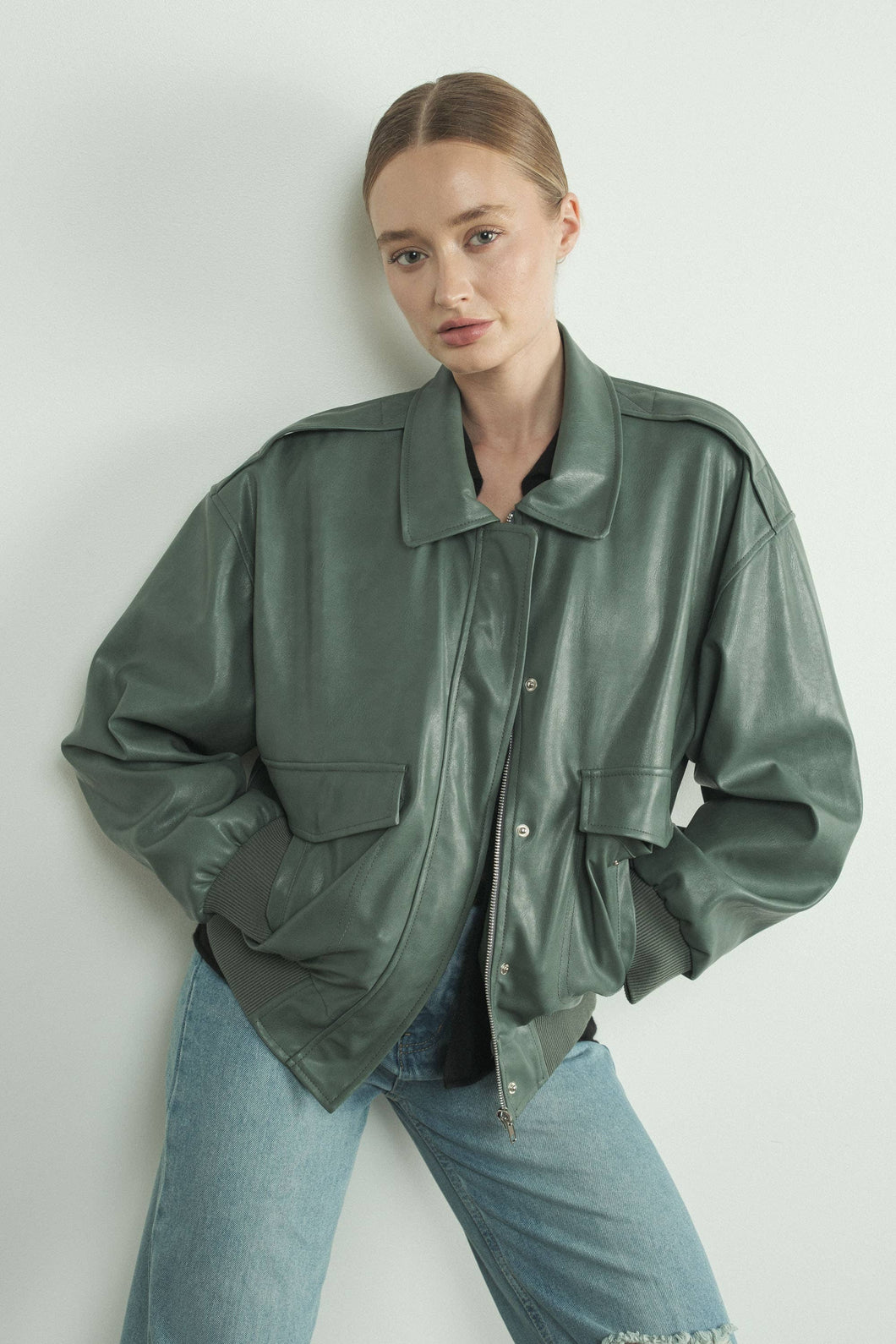 Jodana Faux Leather Bomber Jacket